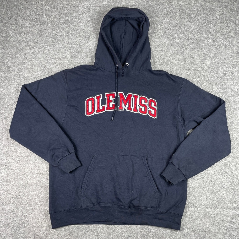 Ole Miss Rebels Hoodie Mens L Navy Blue Champion Applique Fleece Sweatshirt
